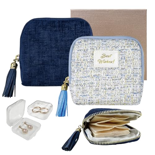2PCS Small Travel Jewelry Case with Earring Box Mini Jewelry Case | 6-Layer Portable Chenille Travel Jewelry Organizer Pouch for Bangle Necklace Earrings Ring Bracelet, Gifts for Women & Men - color: 2PCS Dark blue and light blue