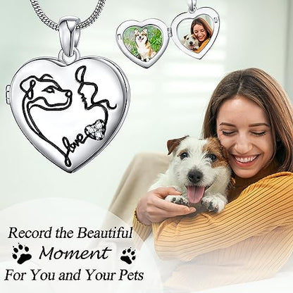Fanery Sue Personalized Pet Locket Picture Necklace,Dog Cat Memory Gift | Custom Engraved Heart Photo Lockets Necklaces,Dog Cat Sympathy Memorial Jewelry for Women Men - color: Sliver, style: Dog Mom