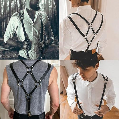 Mens Black Leather Armors Suspenders Shoulder Strap Body Chest Harness Chain Belt Adjustable Gay Punk Clubwear Costume - color: Black3