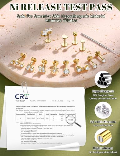 TEN MIRO Flat Back Stud Cartilage Earring for Women Tragus Piercing Jewelry | 16G 18G 20G Hypoallergenic Earrings, Gold Silver Surgical Steel Nose Studs Internal Thread Conch Ring, Helix Piercing Jewelry - color: Gold, size: 18G(1.0mm),6mm