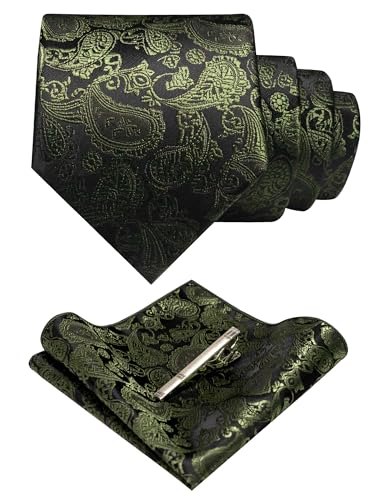 JEMYGINS Mens Solid Color Paisley Necktie and Pocket Square with Tie Clip Sets - color: Olive Green