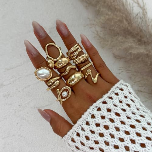 CSIYANJRY99 Gold Silver Rings Set for Women Trendy Irregular Chunky Gold Ring Baroque Pearl Rings Stackable Statement Knuckle Ring Jewelry - color: B-Gold