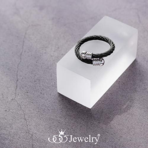 555Jewelry Stainless Steel Twisted Cable CZ Adjustable Open Ring for Women & Ladies - color: Black & Silver