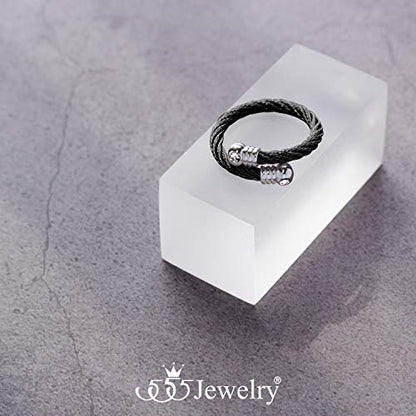 555Jewelry Stainless Steel Twisted Cable CZ Adjustable Open Ring for Women & Ladies - color: Black & Silver