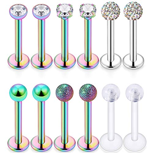 16G Stainless Steel Labret Studs Monroe Lip Rings Retainer Cartilage Tragus Nail Conch Helix Earring Barbell Piercing Jewelry with Clear Diamond CZ for Women Men - color: 12Pcs-8mm-rainbow