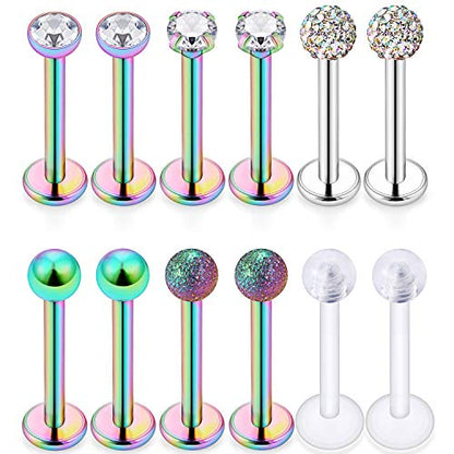 16G Stainless Steel Labret Studs Monroe Lip Rings Retainer Cartilage Tragus Nail Conch Helix Earring Barbell Piercing Jewelry with Clear Diamond CZ for Women Men - color: 12Pcs-8mm-rainbow