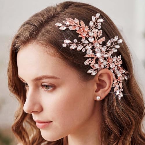 Rhinestone Wedding Hair Comb Gold Floral Bridal Hair Piece Crystal Hair Accessories for Women (Rosegold) - color: Rosegold