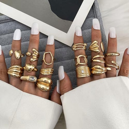 17IF 16 Pcs Chunky Gold Rings Set for Women, 14K Gold Plated | Classic Thick Adjustable Rings, Stackable Midi Finger Womens Stack Ring Pack for Jewelry Gifts - style: Golden-B