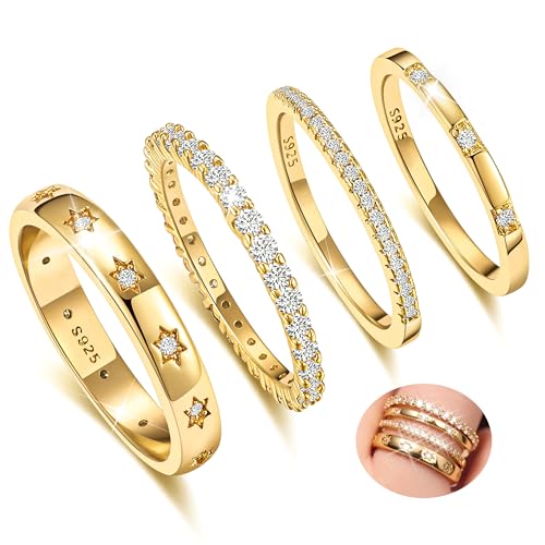 EXGOX Dainty Stackable Gold Rings - 14K Gold Plated, Non Tarnish Cubic Zirconia Stacking & Thumb Knuckle Rings (4pcs Size 7-11) - color: Shiny Star Style, size: 11