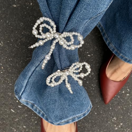 Faux Pearls Bow Pin Ankle Chain Pants Clip Decorations for Jeans Trousers Elegant Adjustable Cuff Accessories
