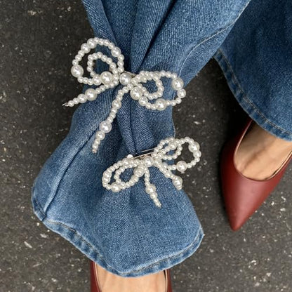 Faux Pearls Bow Pin Ankle Chain Pants Clip Decorations for Jeans Trousers Elegant Adjustable Cuff Accessories