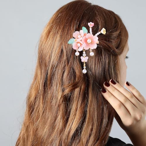 A Pair Wedding Hair Clips, Handmade Floral Design Crystal Hair Clips Pearl Barrettes, Rhinestones Flower Clips Pearl Headpieces Hair Pins Hair Accessories for Women Girls (Light Pink) - color: Light Pink