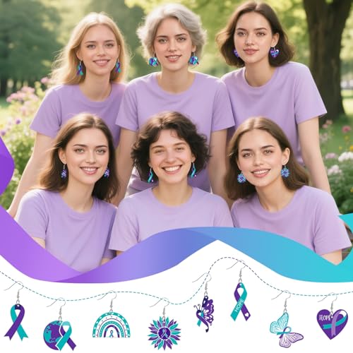 8 Pairs Suicide Prevention Awareness Acrylic Earrings for Women | Teal Purple Ribbon Dangle Earrings, Suicide Prevention Publicity Activities, Lightweight Acrylic, Double Side - style: Suicide Prevention Awareness