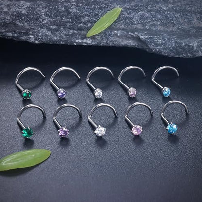ASTM F136 Titanium Nose Rings 18G 20G 22G Jeweled Mix Color CZ Nose Studs Ring Screw L-Shaped Bone Hypoallergenic Nostril Body Piercing Jewelry for Women 1.5mm 2mm 2.5mm 3mm 10PCS - style: Screw:22G(0.6mm)-2.5mm CZ
