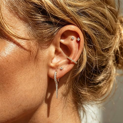DREMMY STUDIOS Gold Dainty Huggie Hoop Earrings 18K Gold Plated Exquisite Open Tassel Dangle Charm Drop Sleeper Geometric Cross Coin Star Heart White CZ Simple Hypoallergenic Earrings for Women - color: Long-CZ