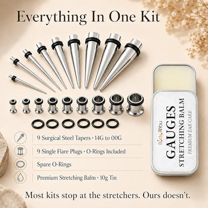 BodyJ4You 37PC Ear Gauge Stretching Kit 14G-00G - Aftercare Balm Tapers | Gauges for Ears Dead Stretching Lobe - Surgical Stainless Steel Single Flare Plugs - Flesh Tunnels O-Rings Expander Men Women - color: Silvertone, Single Flare