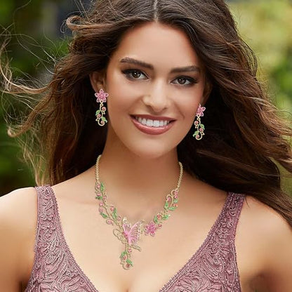 EleQueen Women's Crystal Butterfly Flower Leaf Necklace Earrings Set | Crystal Jewelry Set for Brides Bridesmaids, Necklace Set for Party - color: Gold-Tone Pink