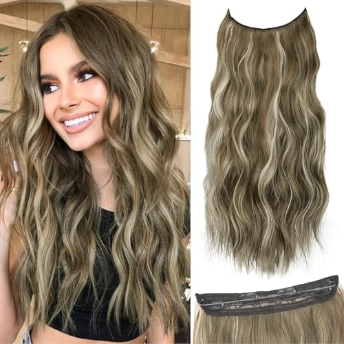 Medium Brown Halo Hair Extensions with Ash Blonde Highlights | 20 Inch Wavy Synthetic Fiber with Invisible Wire and 4 Secure Clips for Easy Daily Styling and Party Wear - color: Ash Medium Brown Highlights