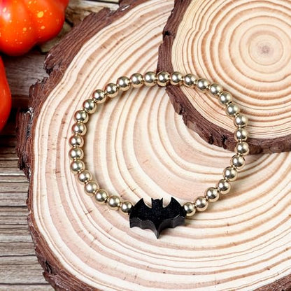 Halloween Gold Beaded Bracelets Wooden Pumpkin Ghost Bat Spider Beads Stretch Bracelet Funny Halloween Holiday Party Gifts for Women - color: B