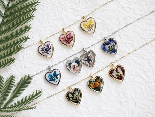 Handmade Dried Pressed Flower Heart Shaped Photo Locket Pendant Necklace - color: Gold, style: Orange Flower on Green