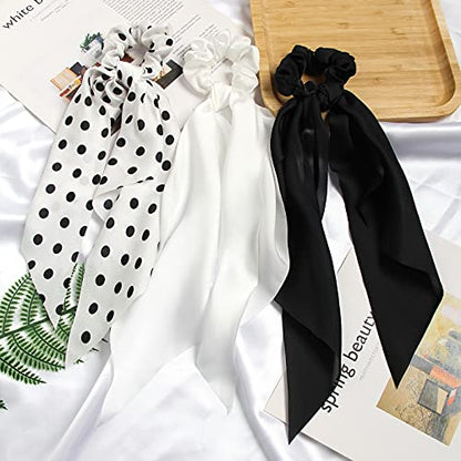 Hair Scarf Scrunchies for Women Plain Hair Bobbles Solid Color Fabric Scrunchy Elastic Hair Ties (Black White) - color: Black White