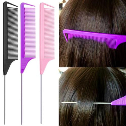 Luumxai 9pcs Topsy Hair Tail Tool and rat tail comb set,6pcs French Braiding Tool ring,3Pcs Metal Parting Combs,Woman Girl Hair Styling (Pink,Purple, Black) - color: Pink/Purple/Biack