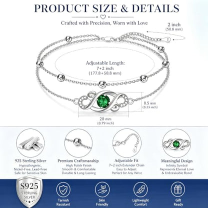 Dorunmo Birthstone Infinity Love Bracelet for Women 925 Sterling Silver Sparkling Gemstone Double Layered Adjustable Bracelets Birthday Jewelry Gifts for Mom Women - color: 05-May-Emerald