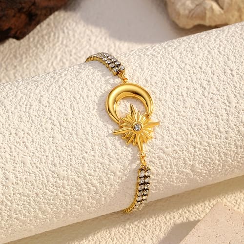 CTRLZTEAM 14K 18K Gold Plated Layered Bracelets for Women Stacked Bracelet | 14K 18K gold plated multi layer bracelets combine distinct chains with single clasp for instant pre-stacked style - style: Celestial Sun and Moon Double Row Zirconia