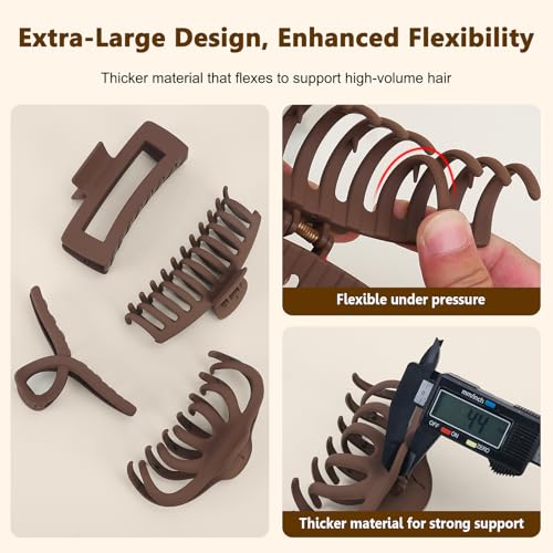 Matte 5 Inch Large Hair Clips for Thick Hair, Brown, 4 Pack | Extra large hair claw clips in brown, designed for secure hold and everyday styling - color: Matte: Brown