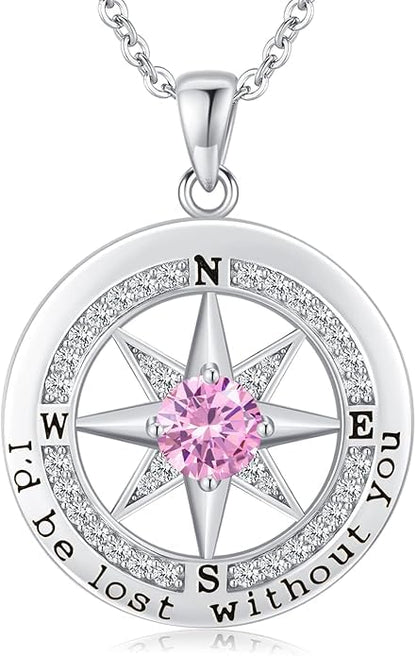 Compass Necklace for Women Wife Girlfriend Mom Daughter Gifts | S925 Silver Jewelry For Anniversary 18K Rose Gold Gifts For Birthday Christmas Mothers Valentines Day 12 Birthstones - style: 10-October-Silver
