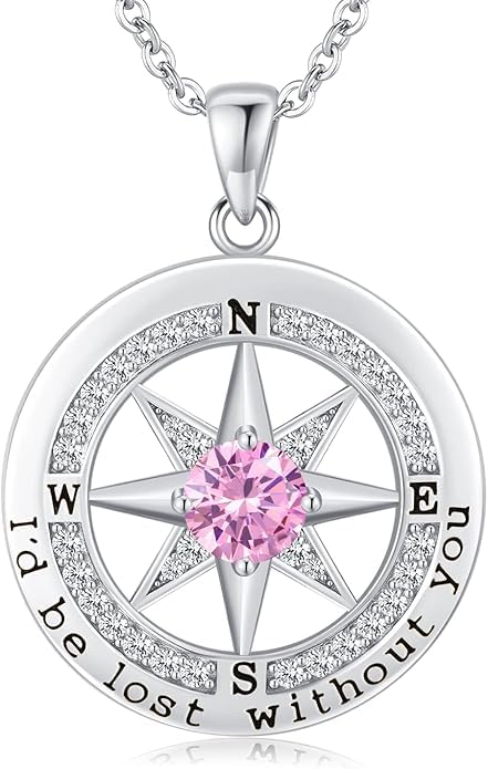Compass Necklace for Women Wife Girlfriend Mom Daughter Gifts | S925 Silver Jewelry For Anniversary 18K Rose Gold Gifts For Birthday Christmas Mothers Valentines Day 12 Birthstones - style: 10-October-Silver