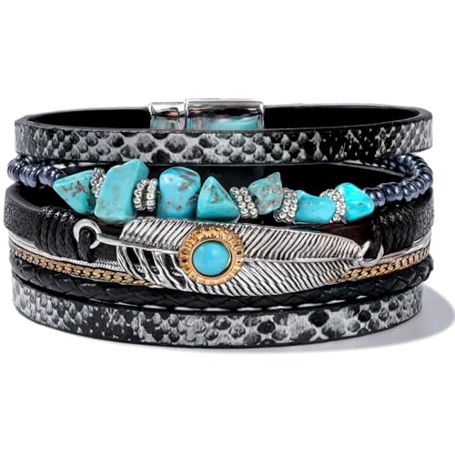 Western Turquoise Leather Cuff Bracelets Boho Feather Cowgirl Jewelry | Stackable Country Hippie Wrap Bangle Set Magnetic Clasp Chunky Beaded Stone Bohemian Statement Outfits for Women Trendy - color: Black