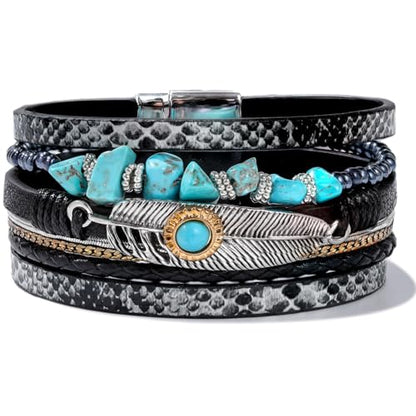 Western Turquoise Leather Cuff Bracelets Boho Feather Cowgirl Jewelry | Stackable Country Hippie Wrap Bangle Set Magnetic Clasp Chunky Beaded Stone Bohemian Statement Outfits for Women Trendy - color: Black