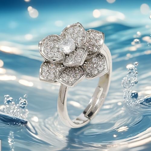 Crystal Rose Flower Spinner Fidget Open Statement Ring for Women CZ Floral Rotated Relief Anxiety Stacking Finger Rings Wedding Engagement Promise Bands Dainty Birthday Jewelry for Adjustable - color: Silver
