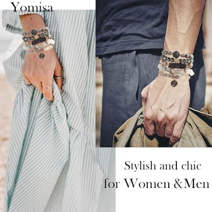 Yomisa 5PCS 6PCS Natural Boho Beaded Bracelets/Bangle for Women Men,Healing Turquoise Jasper Agate Crystal Gemstone Stone Chakra Multilayer Wrap Bohemian Handmade Jewelry Beads Stretch Bracelet Set - color: 5PCS-Gray
