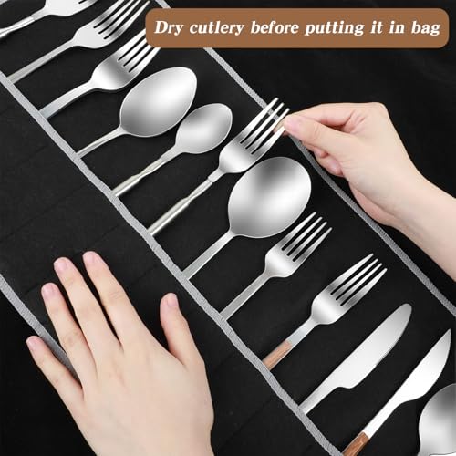 3 Pcs Silver Storage Bags Roll,Anti Tarnish Silverware Storage,with White Ribbon, 12 Slot Silver Storages, Cutlery Sleeves Bags for Kitchen Utensil Teaspoon, Stiff Fabric
