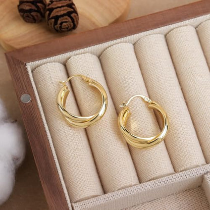 Chunky Large Gold Puffy Open Hoop Earrings for Women,Trendy Statement Big Minimalist Wavy Huggie Earing Prom Jewelry Gift - color: Double