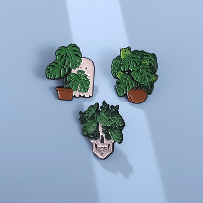 Cartoon Animal Enamel Brooch Set Cute Butterfly Duck Cat Lapel Pins for Backpacks Jacket Decoration Gifts for Friends - style: Green Potted Plant