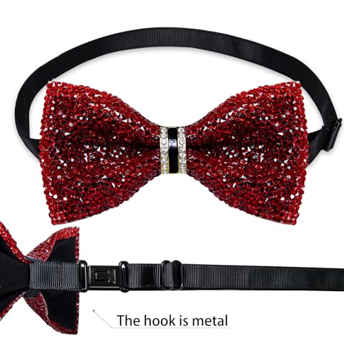 DiBanGu Mens Rhinestone Bow Tie with Ring and Lapel Pin Set | Adjustable Strap,Pre-tied Style,3PCS,Sequin Diamond Bowties，Solid/Mix Color,Shiny Accessory,for Party Prom Banquet Wedding - color: Red