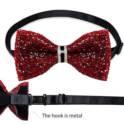 DiBanGu Mens Rhinestone Bow Tie with Ring and Lapel Pin Set | Adjustable Strap,Pre-tied Style,3PCS,Sequin Diamond Bowties，Solid/Mix Color,Shiny Accessory,for Party Prom Banquet Wedding - color: Red