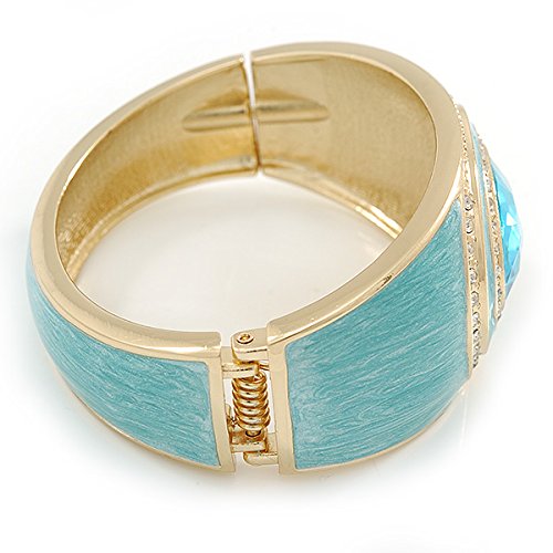 Aqua Blue Enamel Crystal Hinged Bangle Bracelet In Gold Plating - 18cm L