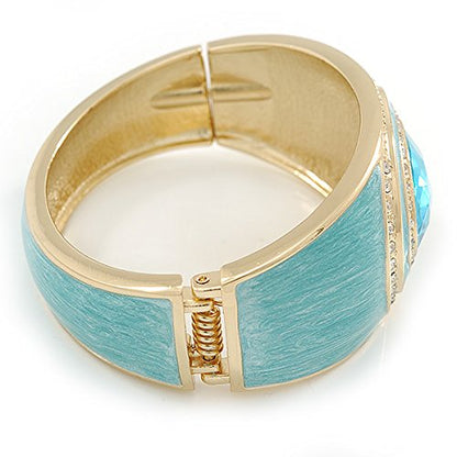 Aqua Blue Enamel Crystal Hinged Bangle Bracelet In Gold Plating - 18cm L