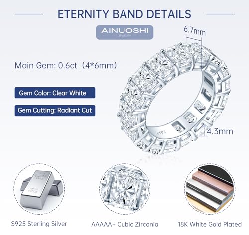AINUOSHI Eternity Ring, 925 Sterling Silver Engagement Promise Ring for Women,Emerald Oval Radiant Round Cushion Cut Cubic Zirconia CZ Fine Ring,Stackable Full Eternity Wedding Band - color: Radiant Cut