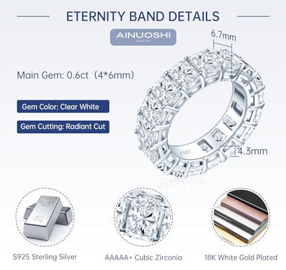 AINUOSHI Eternity Ring, 925 Sterling Silver Engagement Promise Ring for Women,Emerald Oval Radiant Round Cushion Cut Cubic Zirconia CZ Fine Ring,Stackable Full Eternity Wedding Band - color: Radiant Cut