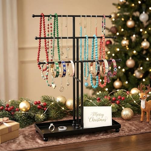 MyGift 3 Tier Black Metal Jewelry Organizer Stand with Ring Tray Base | Organize necklaces and bracelets across three tiers while the sturdy base tray keeps rings and small jewelry neatly stored