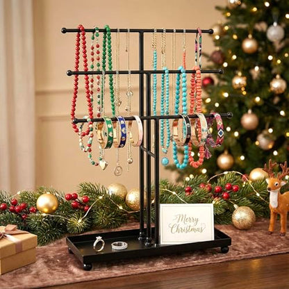 MyGift 3 Tier Black Metal Jewelry Organizer Stand with Ring Tray Base | Organize necklaces and bracelets across three tiers while the sturdy base tray keeps rings and small jewelry neatly stored