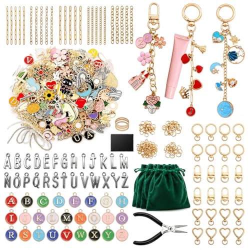 XUHAO7 544Pcs DIY Keychain & Bag Charm Making Kit - Craft Supplies | DIY Lip Gloss Keychain Charms Craft with Pendants, Keyring Hooks, Chains, Clasps, Tools, 5 Velvet Pouches & Storage Box - size: 544pcs