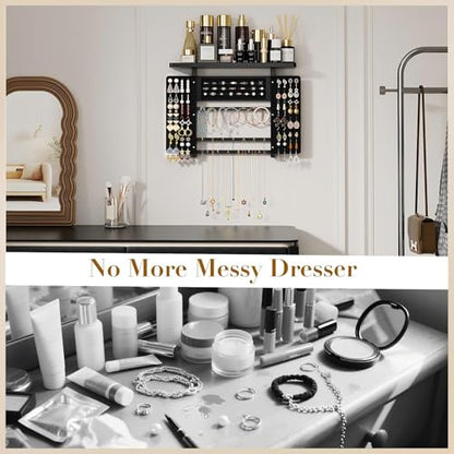 Emfogo Jewelry Organizer Hanging Wall Mounted Jewelry Holder, 5-in-1 Large Capacity Necklace Organizer Wall Display for Ring, Necklaces, Bracelets, Earrings(Black) - color: Black