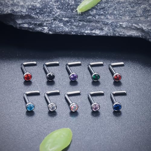 Ruifan ASTM F136 Titanium Nose Rings 18G 20G 22G Jeweled Mix Color Cubic Zirconia Nose Studs Ring Screw L-Shaped Bone Hypoallergenic Body Piercing Jewelry for Women 1.5mm 2mm 2.5mm 3mm 10PCS - style: L-Shaped:22G(0.6mm)-2.5mm CZ