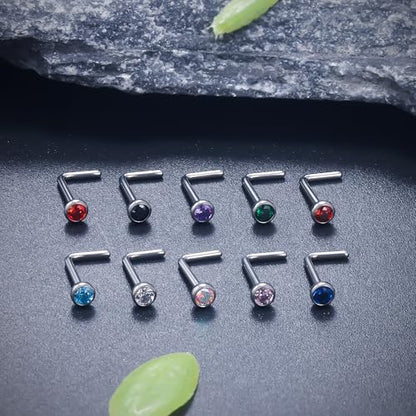 Ruifan ASTM F136 Titanium Nose Rings 18G 20G 22G Jeweled Mix Color Cubic Zirconia Nose Studs Ring Screw L-Shaped Bone Hypoallergenic Body Piercing Jewelry for Women 1.5mm 2mm 2.5mm 3mm 10PCS - style: L-Shaped:22G(0.6mm)-2.5mm CZ